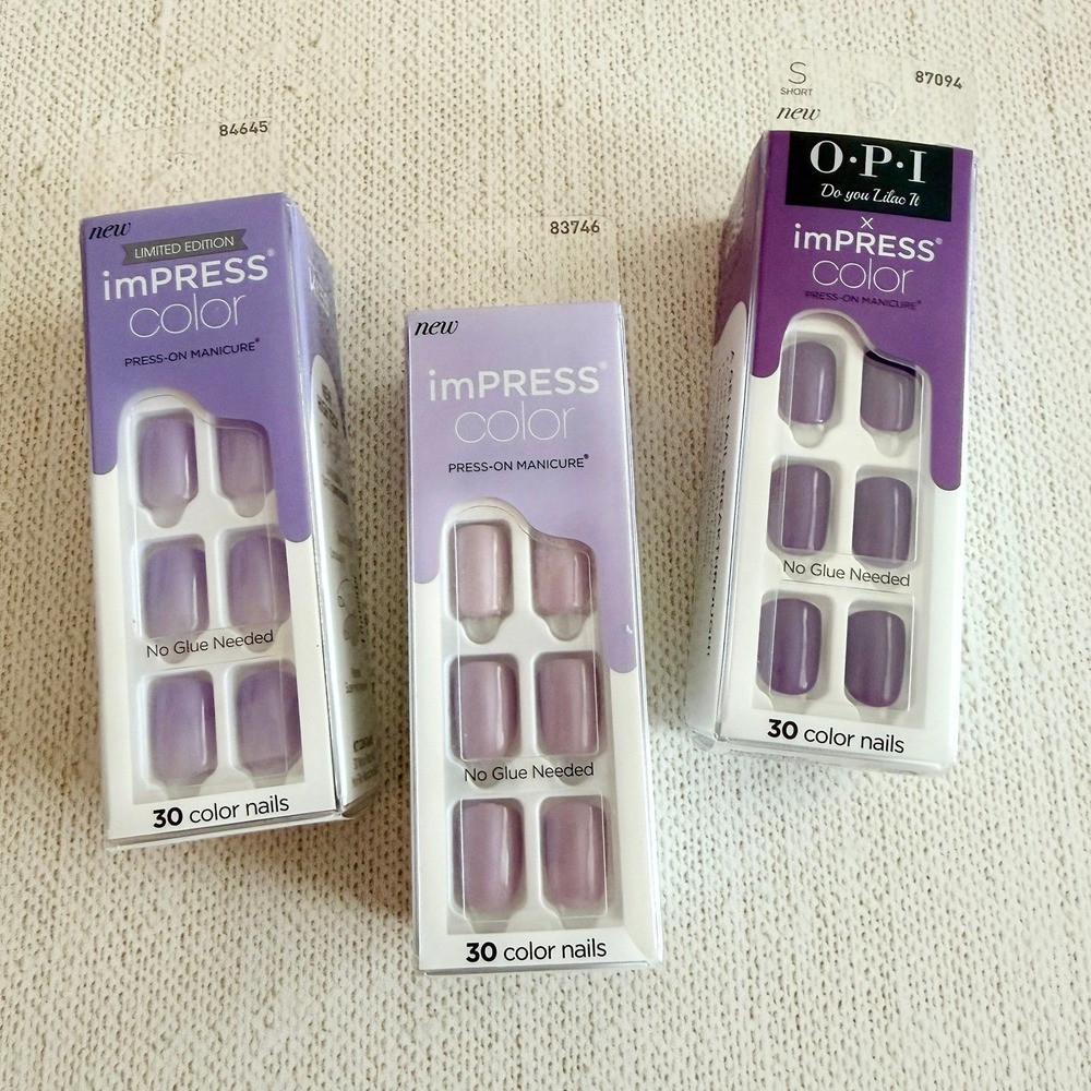3 Sets KISS imPRESS Color Press-On Manicure Nails Kits Purple Lavender New NIP